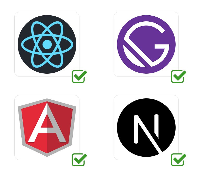Logos for ReactJS, Gatsby, AngularJS and NextJS