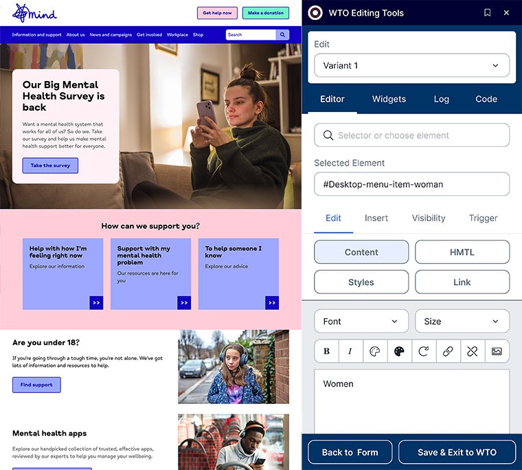 Mind.org.uk website with the Webtrends Optimize Visual Editor loaded