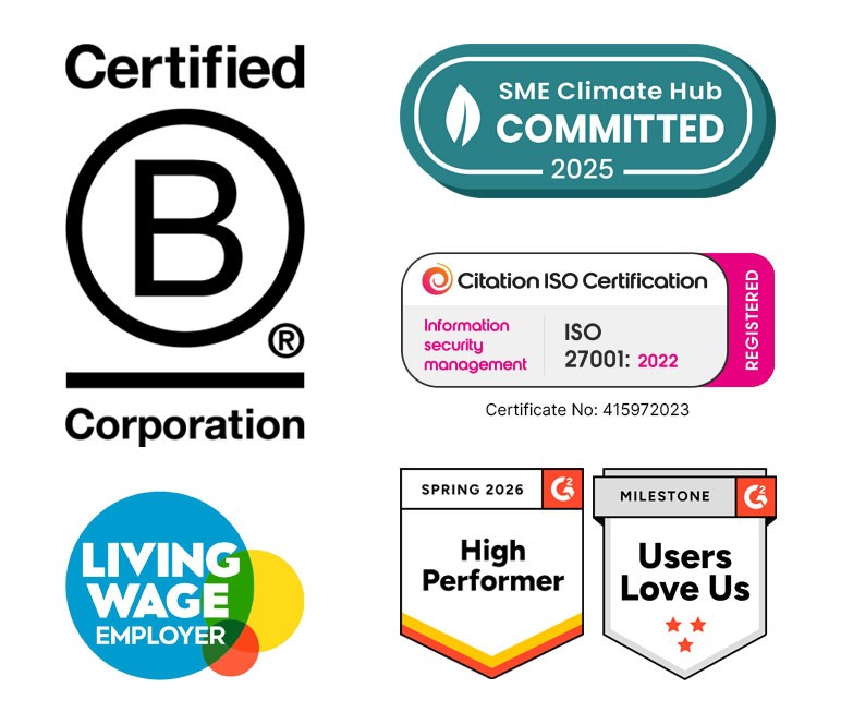 Logos for B Corp, Living Wage Employer, SME Climate Hub and G2.com